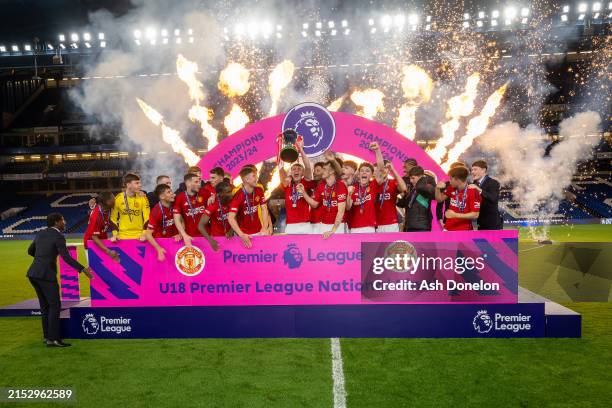 Manchester United U18 celebrate winning the U18 Premier League at Stamford Bridge on May 14, 2024 in London, England.