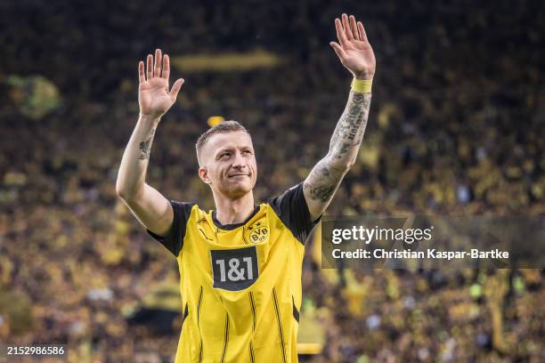 Marco Reus of Borussia Dortmund reacts to fans after the Bundesliga match between Borussia Dortmund and SV Darmstadt 98 at Signal Iduna Park on May...