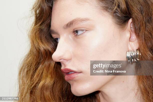 Model poses backstage ahead of the Third Form show during Australian Fashion Week Presented By Pandora 2024 at Carriageworks on May 15, 2024 in...