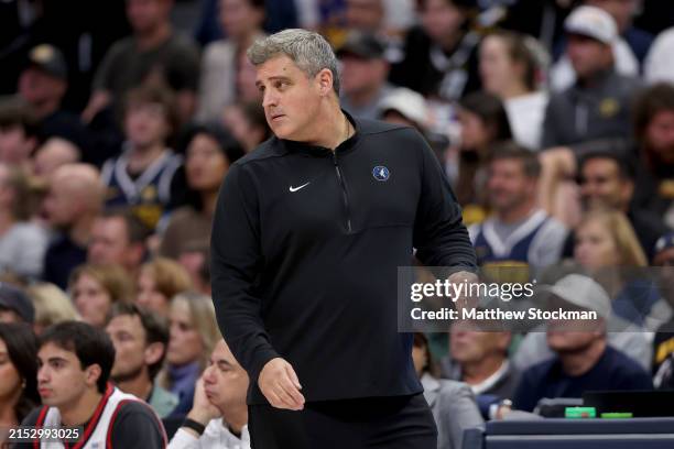 Assistant coach Micah Nori of the Minnesota Timberwolves looks on during the first quarter against the Denver Nuggets in Game Five of the Western...