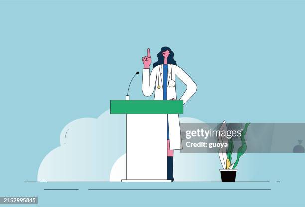 illustrations, cliparts, dessins animés et icônes de une femme médecin se tient sur le podium et fait un discours. - présentation discours