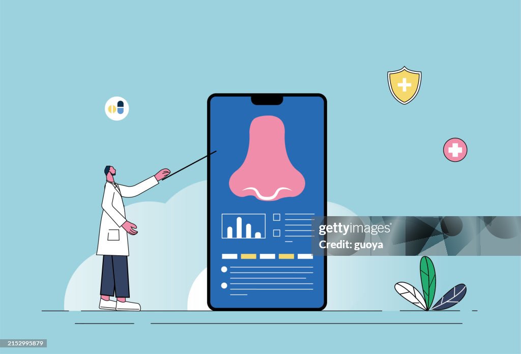 Male doctor uses mobile phone to explain health knowledge about nose protection.