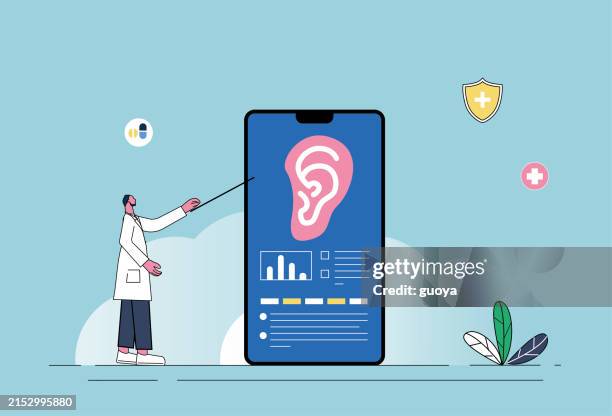 stockillustraties, clipart, cartoons en iconen met male doctor uses mobile phone to explain health knowledge about ear protection. - luisteren