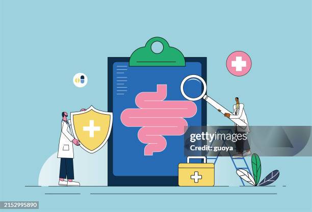 ilustrações de stock, clip art, desenhos animados e ícones de two male doctors examine the intestines. - fisiologia