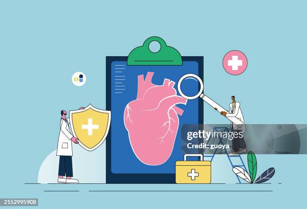 two male doctors are examining the heart. - coronary artery disease icon stock illustrations