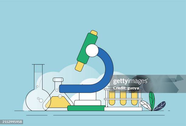 mikroskop, reagenzglas, becher. medizinische laborgeräte. - glaskolben stock-grafiken, -clipart, -cartoons und -symbole