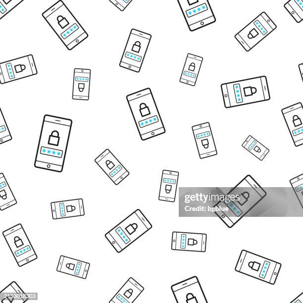 smartphone with password. seamless pattern. line icons on white background - key duplication stock illustrations