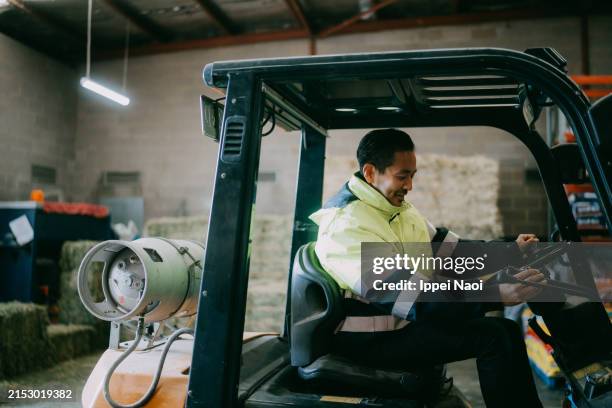 man driving forklift in warehouse - differential focus stock pictures, royalty-free photos & images