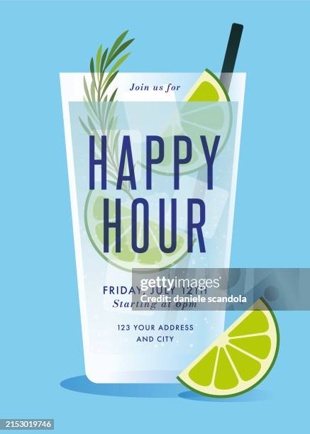 illustrazioni stock, clip art, cartoni animati e icone di tendenza di invito alla festa dell'happy hour. sfondo estivo con cocktail gin tonic e ruota di lime. - happy hour