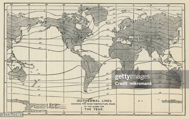 old engraved illustration of map of the world showing the isothermal lines - frontera internacional fotografías e imágenes de stock