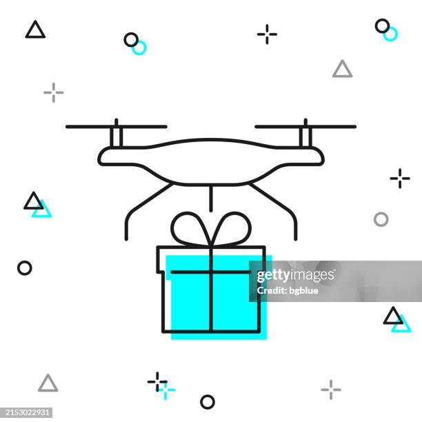 delivery drone with gift. line icon on white background - drone package stock illustrations