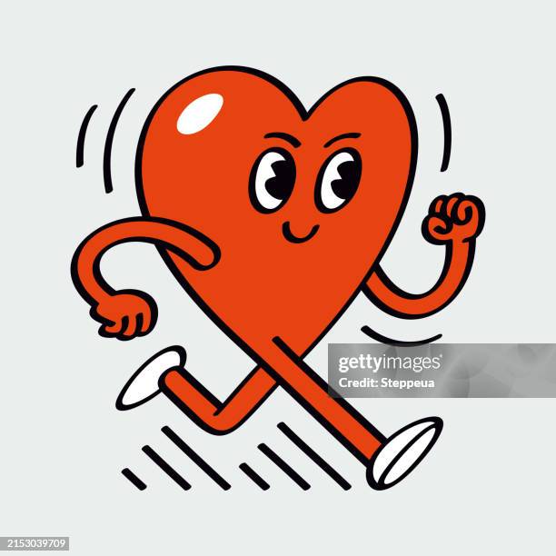 illustrazioni stock, clip art, cartoni animati e icone di tendenza di cuore in esecuzione del fumetto - personaggio