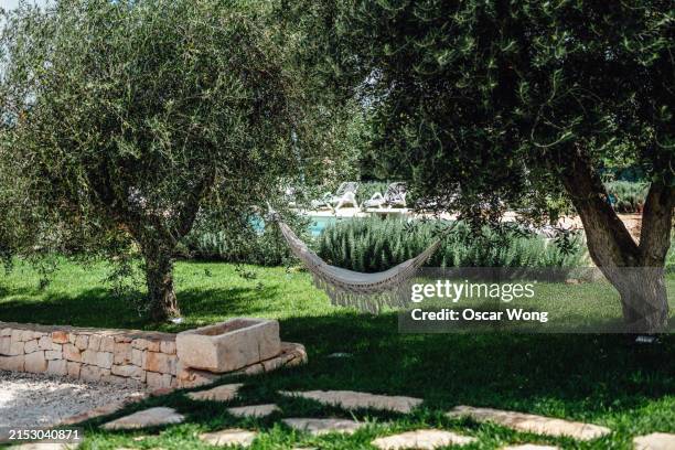 relaxing exterior garden with hammock - wooded backyard stock pictures, royalty-free photos & images
