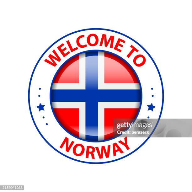 vector stamp. welcome to norway. glossy icon with national flag. seal template - certificate border stock illustrations