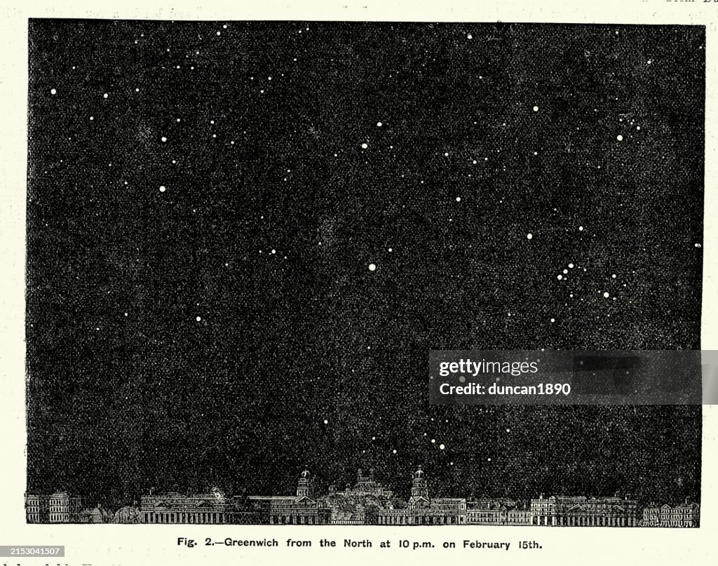 History of astronomy, Stars, Night sky over Greenwich London, 10pm February 15th 1883, Victorian, 19th Century, Vintage illustration