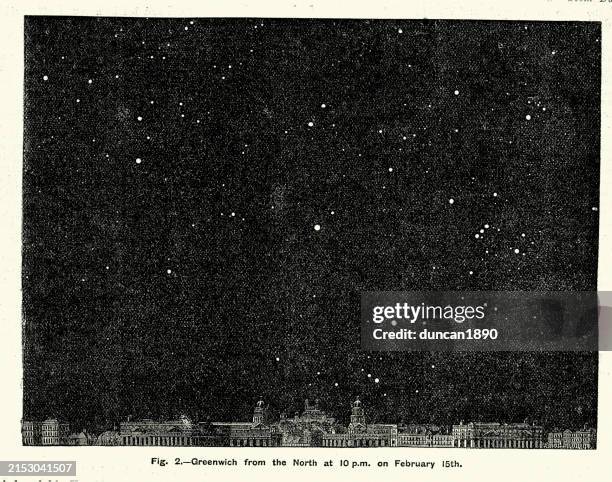 history of astronomy, stars, night sky over greenwich london, 10pm february 15th 1883, victorian, 19th century, vintage illustration - star space stock illustrations