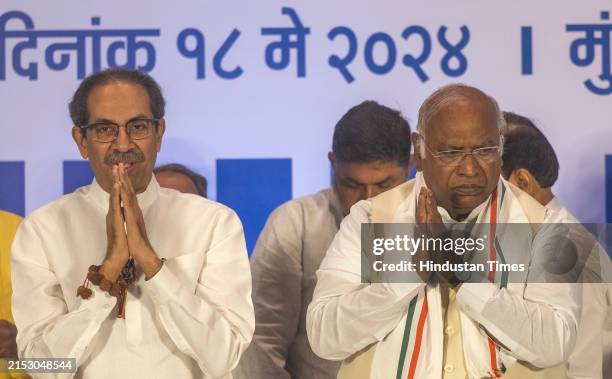 Shiv Sena chief Uddhav Thackeray, Congress President Mallikarjun Kharge and NCP Chief Sharad Pawar interact with media during the press conference of...