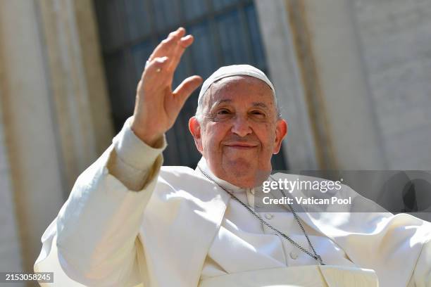 Pope Francis waves to faithful during his weekly audience at St. Peter's Square on May 15, 2024 in Vatican City, Vatican.