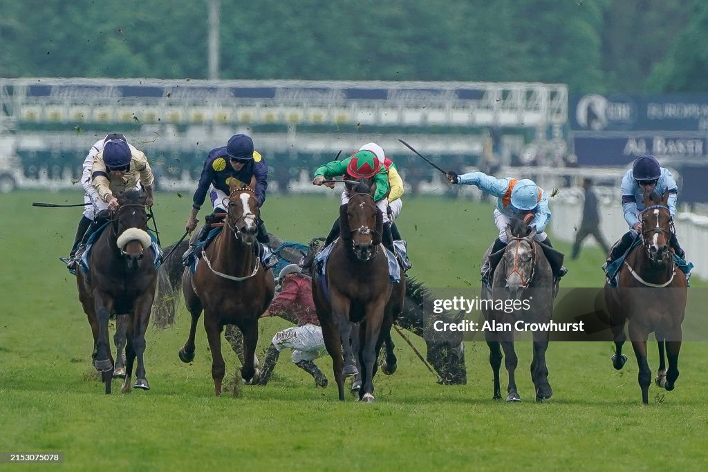 York Races Banner Tom Marquand takes a fall from Tiber Flow as runners make their way ...