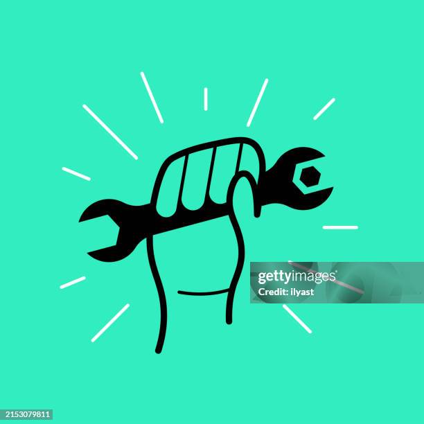 continuous editable line hand gesture with wrench - holding spanner stock illustrations