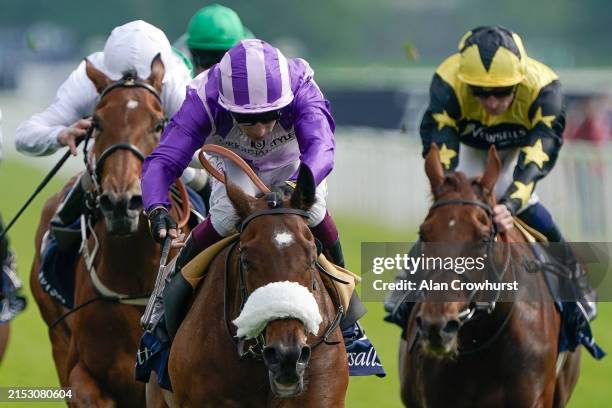 Oisin Murphy riding Secret Satire win The Tattersalls Musidora Stakes at York Racecourse on May 15, 2024 in York, England.
