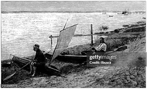 antique image: canoeing on the concord and merrimac - concord new hampshire stock illustrations