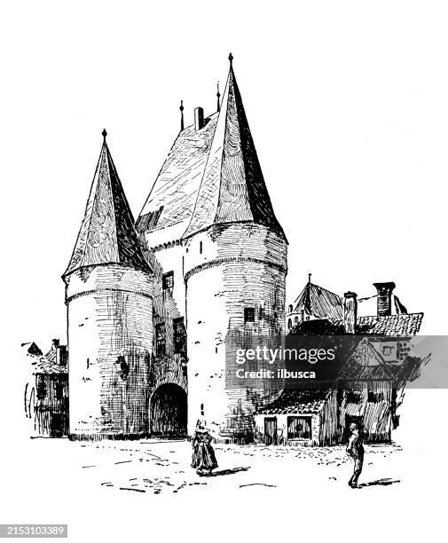 ilustrações de stock, clip art, desenhos animados e ícones de antique image: netherlands, gate in kampen - porta da cidade