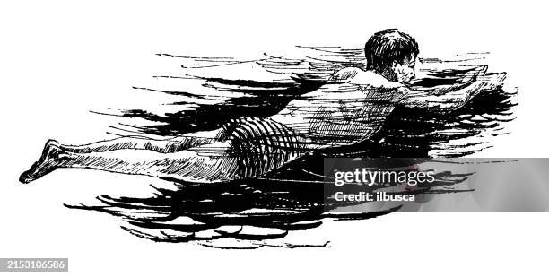 antique image: swimming techniques - man floating in pool stock illustrations