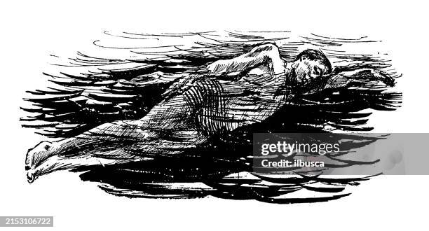 antique image: swimming techniques - man floating pool stock illustrations