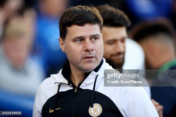 Mauricio Pochettino, Manager of Chelsea, looks on prior to the Premier League match between Brighton & Hove Albion and Chelsea FC at American Express...