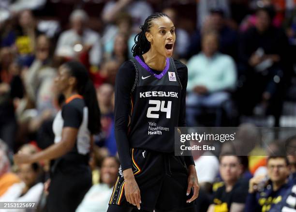 DeWanna Bonner of the Connecticut Sun celebrates in the second half against the Indiana Fever at Mohegan Sun Arena on May 14, 2024 in Uncasville,...