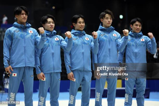 Qualified artistic gymnasts for the Paris 2024 Olympic Games Daiki Hashimoto, Shinnosuke Oka, Kazuma Kaya, Takaaki Sugino and Wataru Tanigawa pose...
