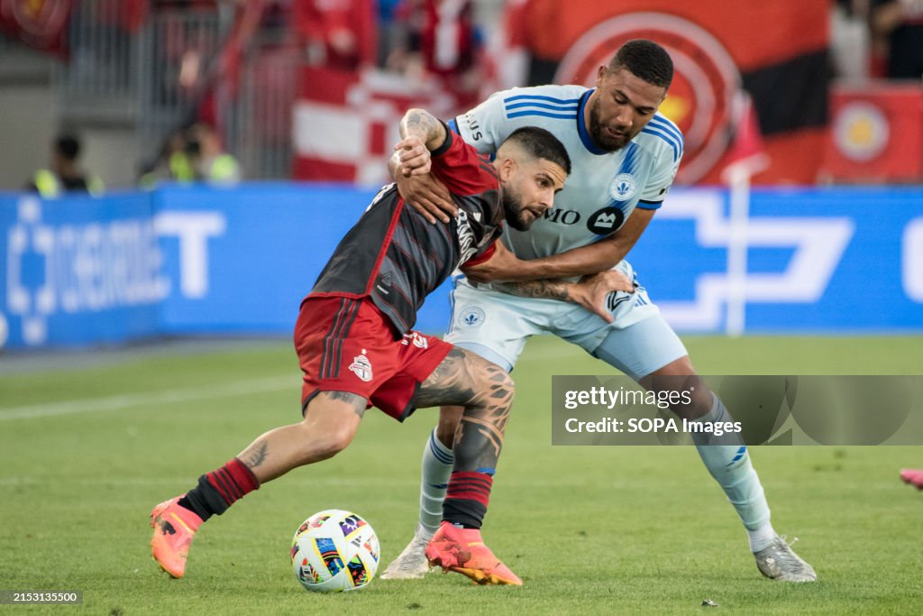 Lorenzo Insigne #24 (L) and George Campbell #24 (R) seen in...