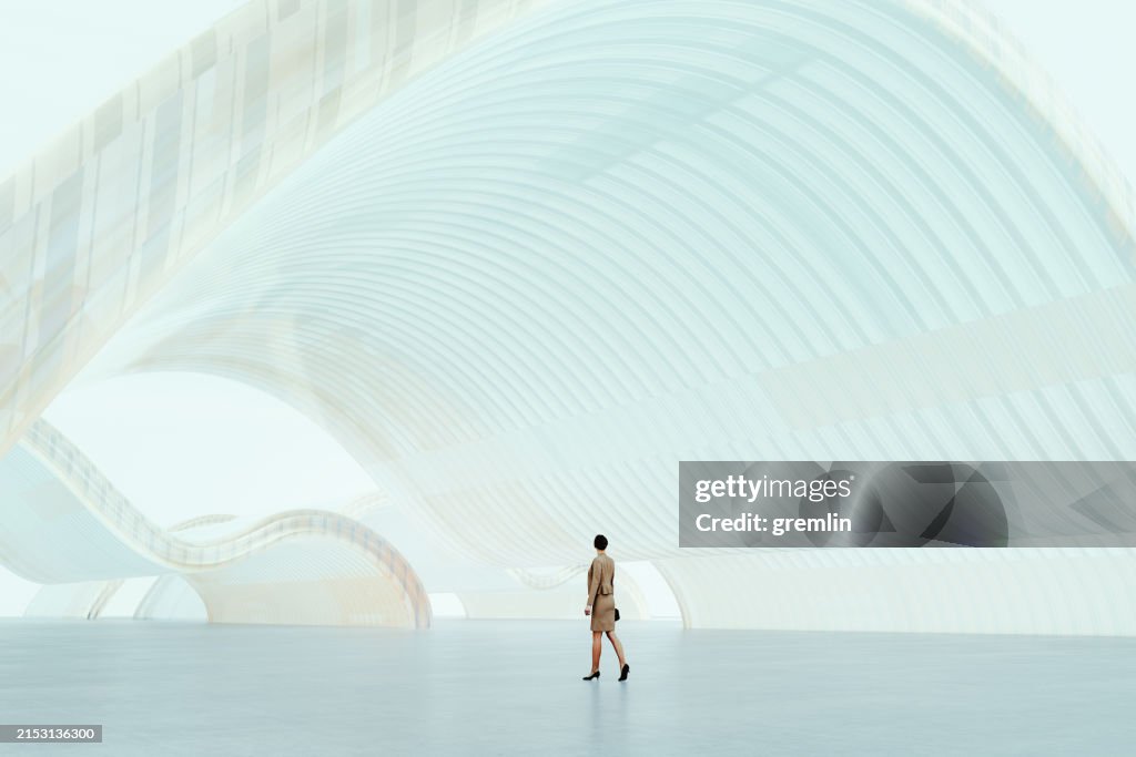 Businesswoman walking in futuristic glass pavilion