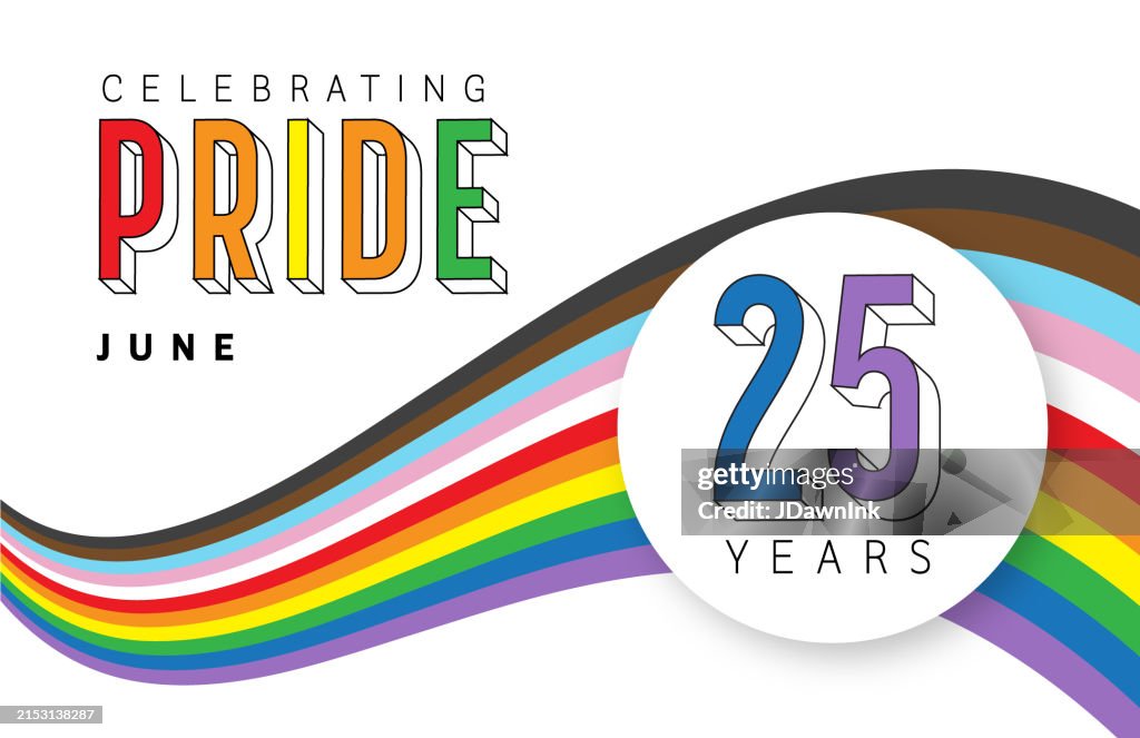 June Pride Month 25th anniversary year celebration web banner design with rainbow flag and text on white background