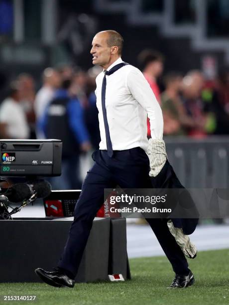 Massimiliano Allegri, Head Coach of Juventus, reacts after being shown a red card during the Coppa Italia 2023/2024 Final match between Atalanta BC...