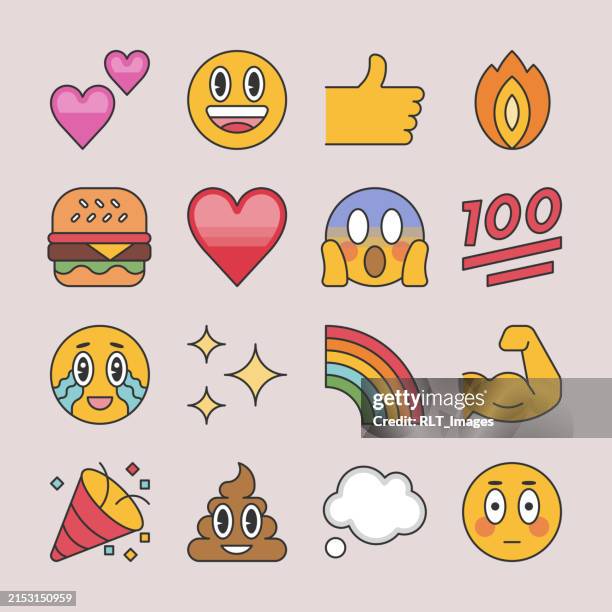 illustrations, cliparts, dessins animés et icônes de jeu d’icônes emoji — style monoligne de couleur plate - super aliments