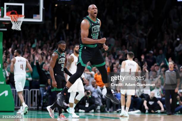 Al Horford of the Boston Celtics celebrates against the Cleveland Cavaliers in Game Five of the Eastern Conference Second Round Playoffs at TD Garden...