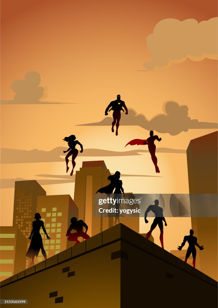 Superhero Brooding Rooftop Vector Superhero Silhouettes On A Rooftop Stock Illustration High-Res ...