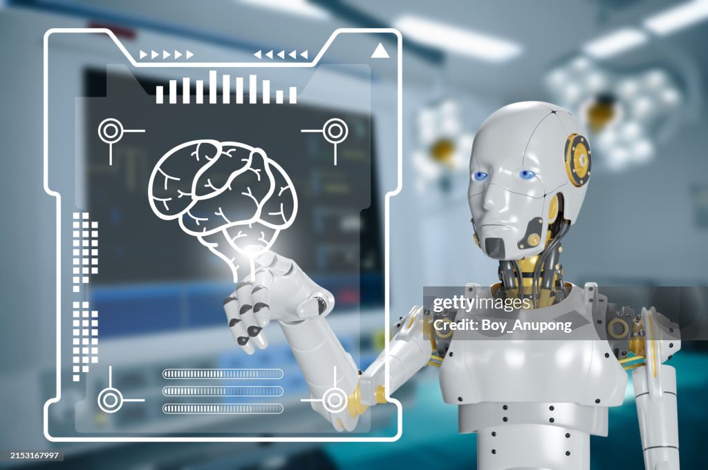 Artificial intelligence robot while analyzing patient data for helping brain surgery in operating room.