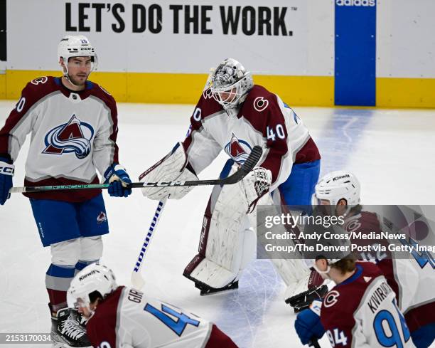 Colorado Avalanche goaltender Alexandar Georgiev and his teammates during warmups before playing the Dallas Stars in Game 5 of the second round of...