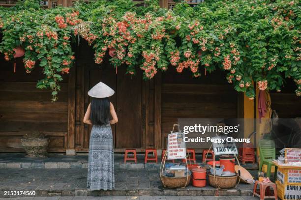 a young vietnamese woman in a traditional vietnamese conical hat and long dress stands in front of a wooden door in hoi an, vietnam. - vietnamese culture stock pictures, royalty-free photos & images