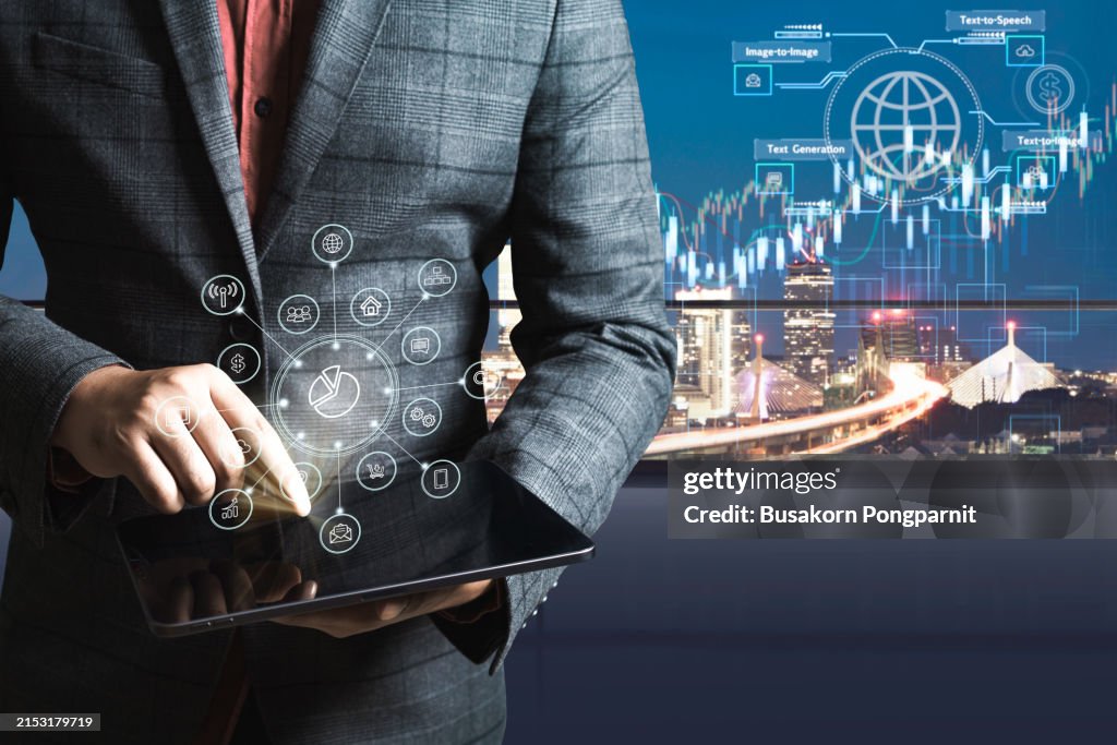 Businessman using tablet analyzing data and economic growth graph chart. Technology digital marketing and network connection.