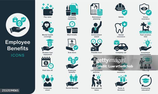 ilustrações de stock, clip art, desenhos animados e ícones de employee benefits solid icons.insurance, paid vacation, medical coverage, dental insurance, pension, social security, family, company equipment, meal breaks, bonuses, career, sick leave, education. - evento de beneficência