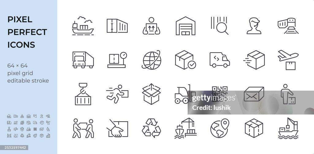 Logistics icon set. Editable stroke weight. Pixel perfect icons.