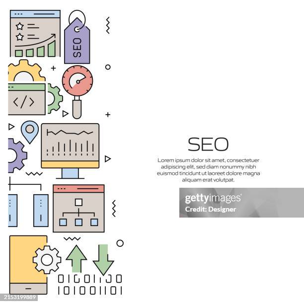 seo related line style banner design for web page, headline, brochure, annual report and book cover - html stock illustrations