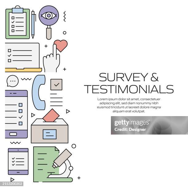 survey and testimonials related line style banner design for web page, headline, brochure, annual report and book cover - client appreciation stock illustrations