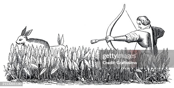 Olden Days Rabbit Catching Man Hunting Rabbits With Bow And Arrow 14th Century High-Res Vector ...