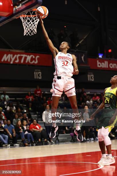 Shatori Walker-Kimbrough of the Washington Mystics shoots the ball during the game against the Seattle Storm on May 19, 2024 at Entertainment and...