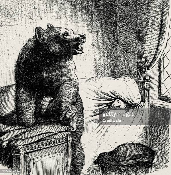 boy hiding under his duvet, a bear in his bedroom - under duvet stock illustrations